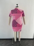 Women Summer Pink Modest Turtleneck Short Sleeves Printed Mini Sheath Plus Size Shirt Dress
