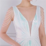 Women Summer White Romantic V-neck Short Sleeves Sequined Mermaid Fringed Evening Dress