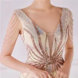 Women Summer Gold Romantic V-neck Short Sleeves Sequined Mermaid Fringed Evening Dress