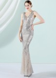 Women Summer Silver Formal V-neck Sleeveless Patchwork Sequined Mermaid Evening Dress