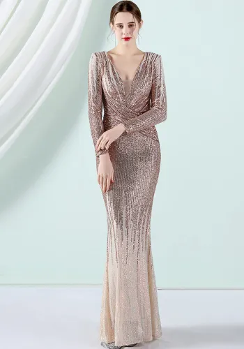 Women Spring Gold Formal V-neck Full Sleeves Gradual change Sequined Mermaid Evening Dress