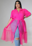 Women Summer Rose Streetwear Slash Neck Half Sleeves Patchwork Belted X-Long Plus Size Blouse