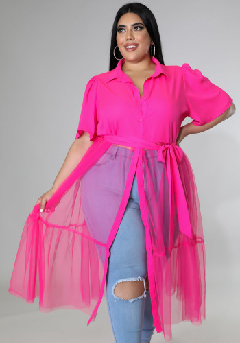 Mujer verano rosa ropa de calle Slash cuello media manga Patchwork cinturón X-Long blusa de talla grande