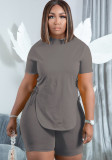 Women Summer Grey Casual O-Neck Short Sleeves High Waist Solid Lace Up Regular Plus Size Two Piece Short Set