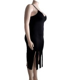 Women Summer Black Casual Sleeveless Solid Fringed Midi Straight Plus Size Casual Dress