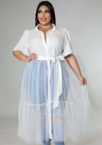Women Summer White Streetwear Turn-down Collar Half Sleeves Patchwork Belted X-Long Plus Size Blouse