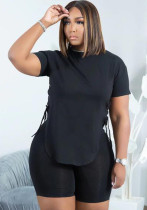 Mujer Verano Negro Casual O-cuello Mangas cortas Cintura alta Sólido Con cordones Regular Tallas grandes Conjunto corto de dos piezas