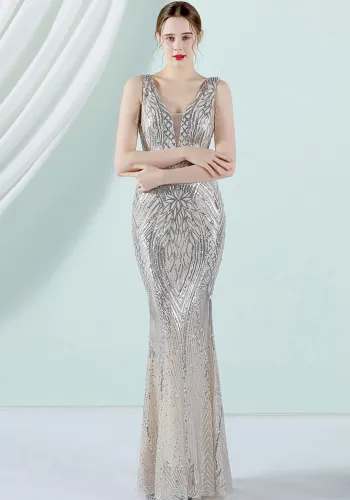 Women Summer Silver Formal V-neck Sleeveless Patchwork Sequined Mermaid Evening Dress