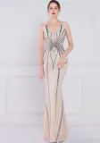 Women Summer Nude Romantic V-neck Short Sleeves Sequined Mermaid Fringed Evening Dress