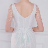 Women Summer White Romantic V-neck Short Sleeves Sequined Mermaid Fringed Evening Dress