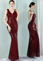Women Summer Burgunry Formal V-neck Sleeveless Patchwork Sequined Mermaid Evening Dress