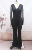Women Spring Black Formal V-neck Full Sleeves Patchwork Mesh Button Full Length Regular Jumpsuit