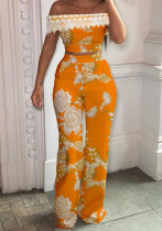 Damen Sommer Orange Modest Off-the-Shoulder Hohe Taille Blumendruck Spitze Regular Zweiteiliges Hosenset