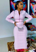 Mujeres Primavera Rosa Modest O-cuello Mangas completas Cintura alta Estampado a cuadros Regular MidiTwo Piece Falda Set