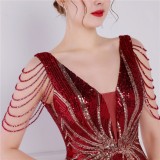 Women Summer Burgunry Romantic V-neck Short Sleeves Sequined Mermaid Fringed Evening Dress