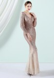 Women Spring Gold Formal V-neck Full Sleeves Gradual change Sequined Mermaid Evening Dress