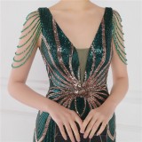 Women Summer Green Romantic V-neck Short Sleeves Sequined Mermaid Fringed Evening Dress