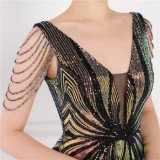 Women Summer Black Romantic V-neck Short Sleeves Sequined Mermaid Fringed Evening Dress