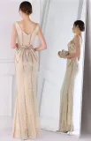 Women Summer Gold Romantic V-neck Short Sleeves Sequined Mermaid Fringed Evening Dress