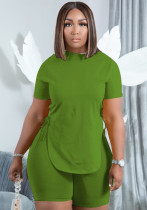 Mujer Verano Verde Casual O-cuello Mangas cortas Cintura alta Sólido Con cordones Regular Tallas grandes Conjunto corto de dos piezas