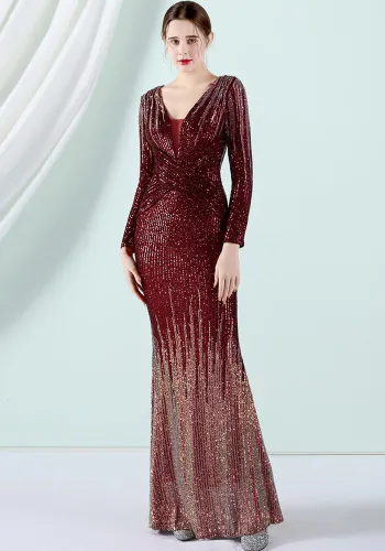 Women Spring Red Formal V-neck Full Sleeves Gradual change Sequined Mermaid Evening Dress