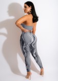 Women Summer Grey Sexy Halter Sleeveless High Waist Printed Lace Up Regular Two Piece Pants Set