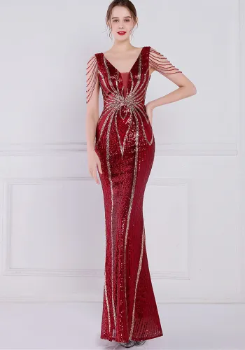 Women Summer Burgunry Romantic V-neck Short Sleeves Sequined Mermaid Fringed Evening Dress