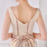 Women Summer Gold Romantic V-neck Short Sleeves Sequined Mermaid Fringed Evening Dress