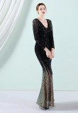 Women Spring Black Formal V-neck Full Sleeves Gradual change Sequined Mermaid Evening Dress