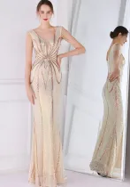 Women Summer Gold Romantic V-neck Short Sleeves Sequined Mermaid Fringed Evening Dress