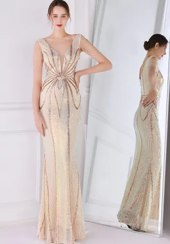 Women Summer Gold Romantic V-neck Short Sleeves Sequined Mermaid Fringed Evening Dress