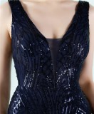 Women Summer Blue Formal V-neck Sleeveless Patchwork Sequined Mermaid Evening Dress