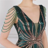 Women Summer Green Romantic V-neck Short Sleeves Sequined Mermaid Fringed Evening Dress