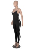 Women Summer Black Casual Strap Sleeveless Striped Print Full Length Skinny Jumpsuit