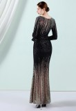 Women Spring Black Formal V-neck Full Sleeves Gradual change Sequined Mermaid Evening Dress