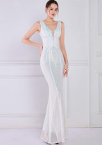 Women Summer White Formal V-neck Sleeveless Patchwork Sequined Mermaid Evening Dress