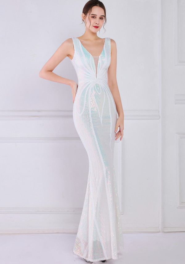 Women Summer White Formal V-neck Sleeveless Patchwork Sequined Mermaid Evening Dress