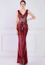 Women Summer Burgunry Formal V-neck Sleeveless Patchwork Sequined Mermaid Evening Dress