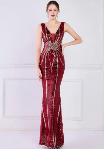 Women Summer Burgunry Formal V-neck Sleeveless Patchwork Sequined Mermaid Evening Dress
