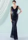 Women Summer Blue Modest V-neck Sleeveless Patchwork Sequined Mermaid Fringed Evening Dress