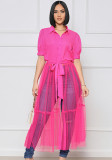 Women Summer Pink Modest Turn-down Collar Short Sleeves Solid Belted Maxi Dress