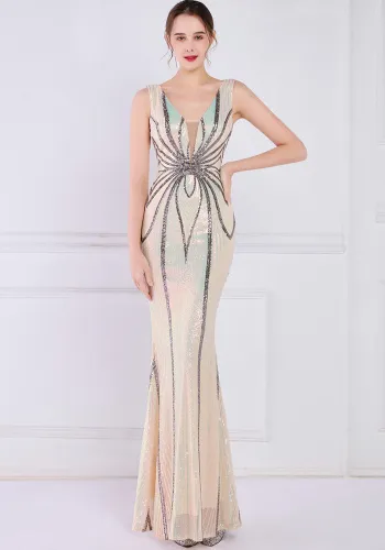 Women Summer Nude Formal V-neck Sleeveless Patchwork Sequined Mermaid Evening Dress