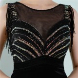 Women Summer Black Romantic O-Neck Sleeveless Patchwork Velvet Silt Fringed Evening Dress