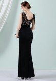Women Summer Black Romantic O-Neck Sleeveless Patchwork Velvet Silt Fringed Evening Dress