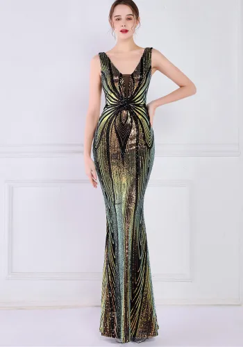 Women Summer Black Formal V-neck Sleeveless Patchwork Sequined Mermaid Evening Dress