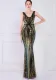 Women Summer Black Formal V-neck Sleeveless Patchwork Sequined Mermaid Evening Dress