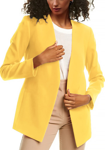 Kadın Sonbahar Sarı Resmi V Yaka Tam Kollu Katı Açık Dikiş Düzenli Blazer