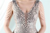 Women Summer Silver Modest V-neck Sleeveless Patchwork Sequined Mermaid Fringed Evening Dress