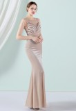 Women Summer Gold Romantic O-Neck Sleeveless Patchwork Velvet Silt Fringed Evening Dress