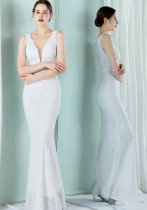 Damen Sommer Weiß Modest V-Ausschnitt ärmelloses Patchwork Pailletten Meerjungfrau Fransen Abendkleid